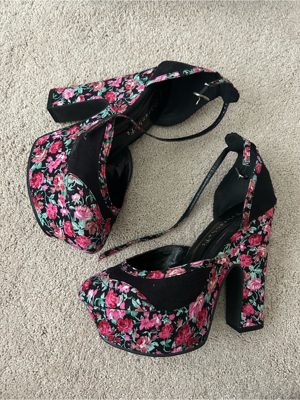 Vintage Floral Platform Ankle-Strap Heels